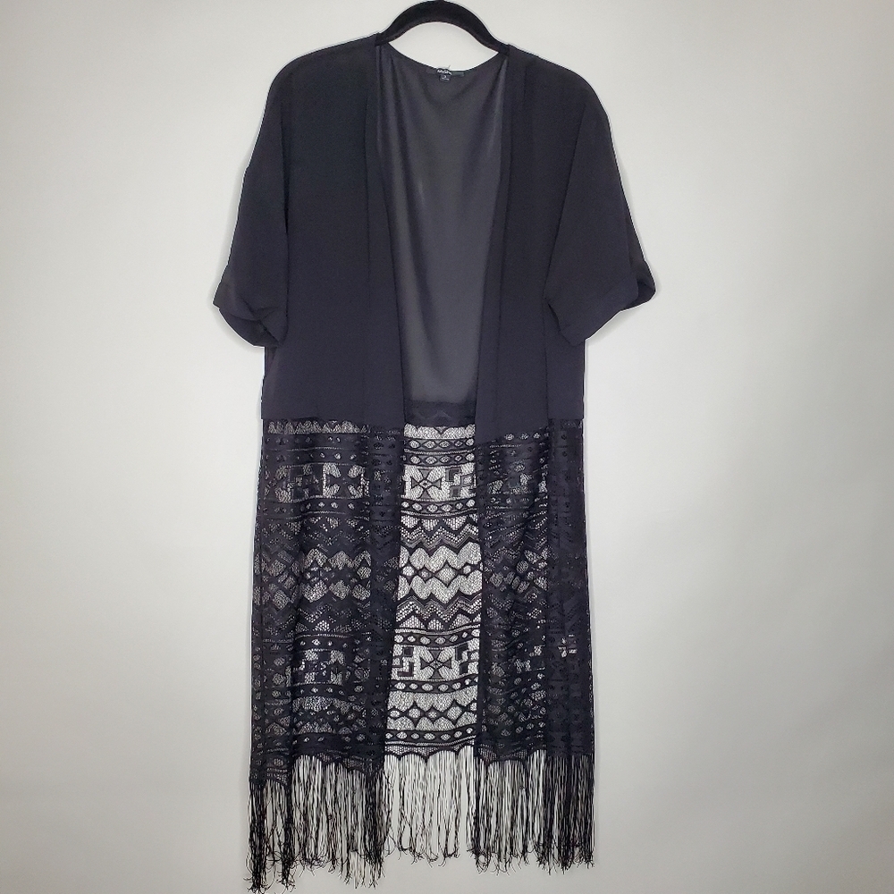 Meshe Crochet Lace Duster XXL Fringe Trim Open Front Long-line Cardigan Boho